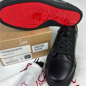 Louboutin 9/39 Vieira Flat Calf, black leather sneaker, signature red logo sole